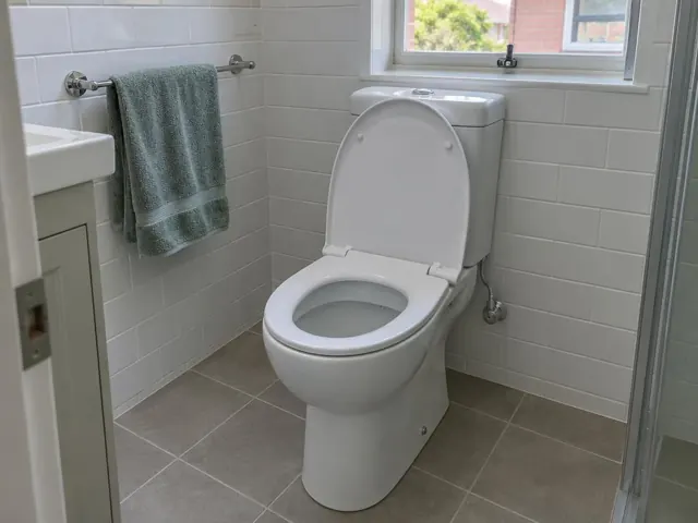 Clean white toilet in a tiled bathroom with a towel rail and window in Summer Hill
