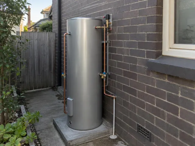 Outdoor hot water cylinder beside a brick wall and concrete path in Marrickville